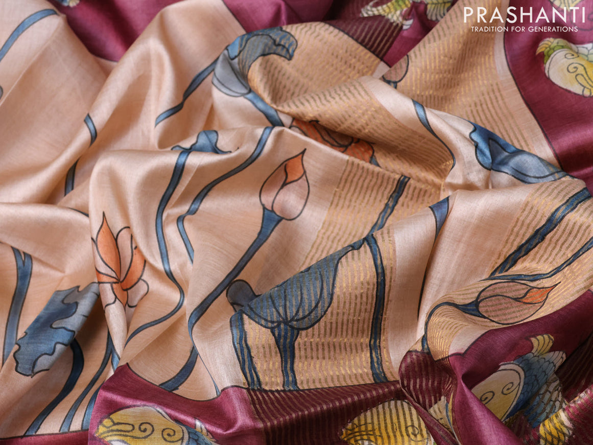 Pure tussar silk saree pastel peach and maroon yellow with kalamkari hand painted prints and zari woven border