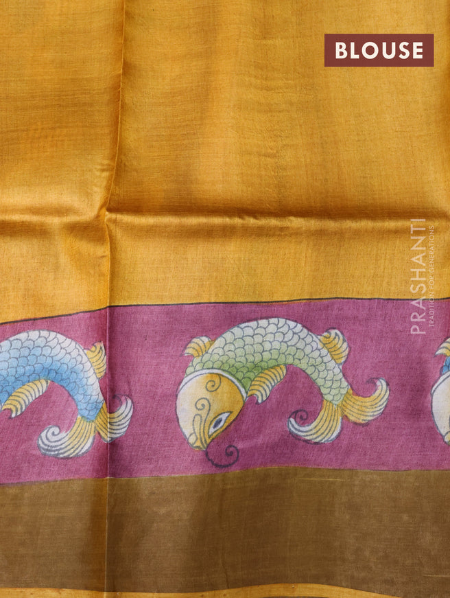 Pure tussar silk saree pastel peach and maroon yellow with kalamkari hand painted prints and zari woven border