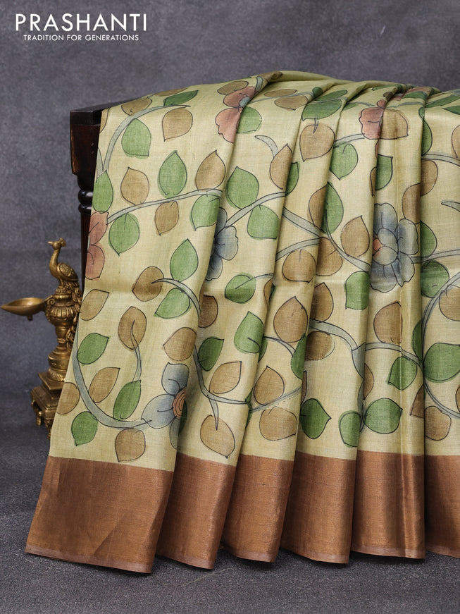 Pure tussar silk saree elaichi green and brown shade with kalamkari hand painted prints and zari woven border