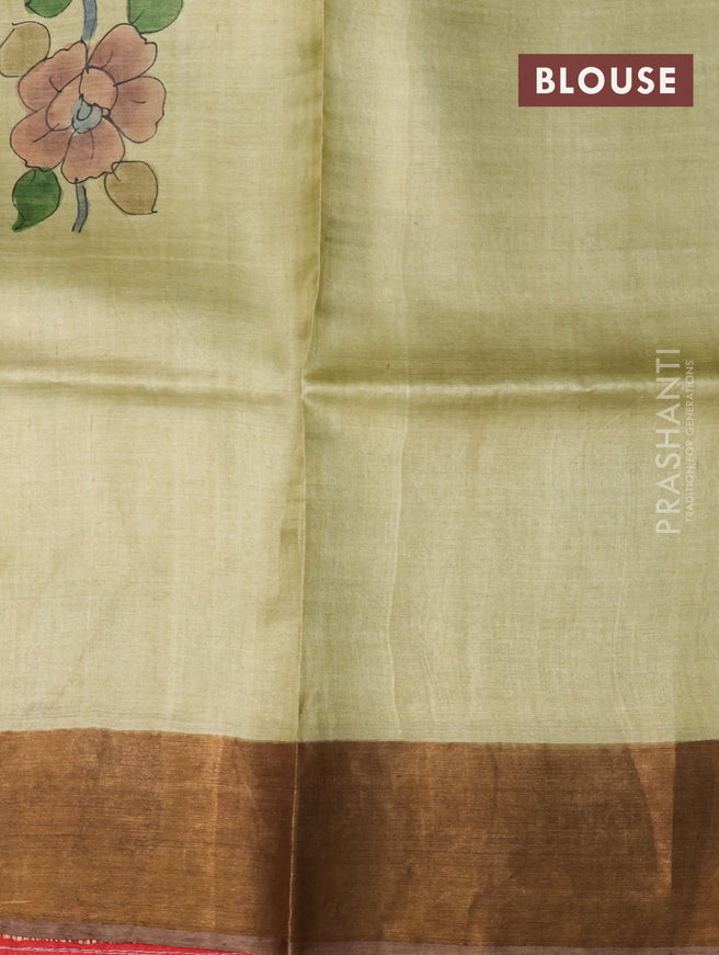 Pure tussar silk saree elaichi green and brown shade with kalamkari hand painted prints and zari woven border
