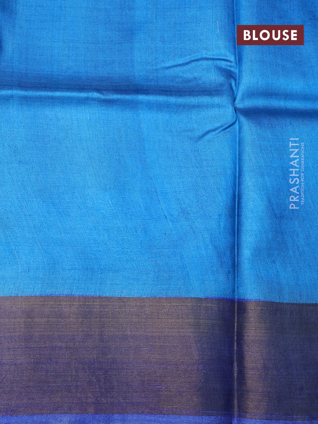Pure tussar silk saree mehendi green and blue cs blue with allover floral kalamkari hand painted prints and zari woven border