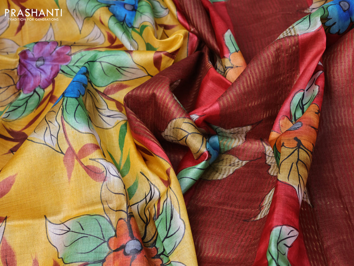 Pure tussar silk saree yellow and red with floral hand painted prints and zari woven border