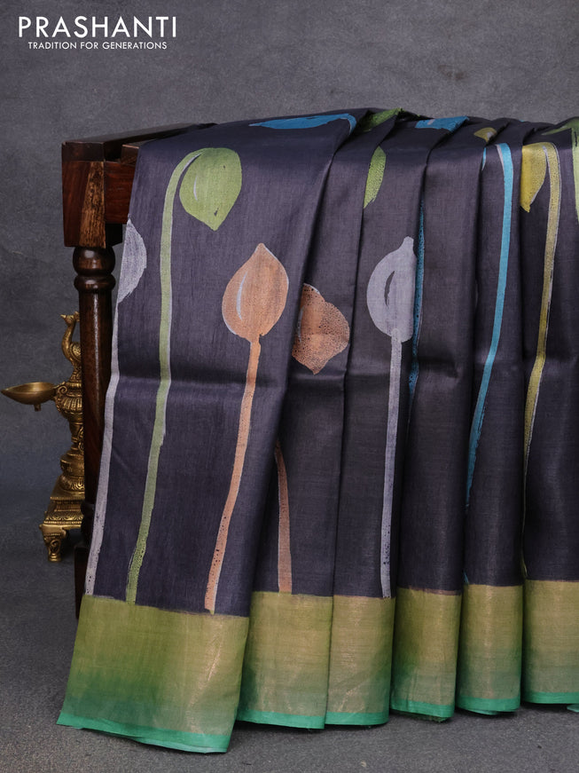 Pure tussar silk saree black and green with floral hand painted prints and zari woven border