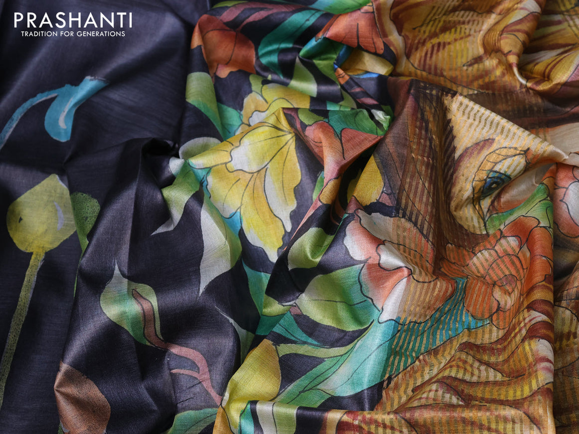 Pure tussar silk saree black and green with floral hand painted prints and zari woven border