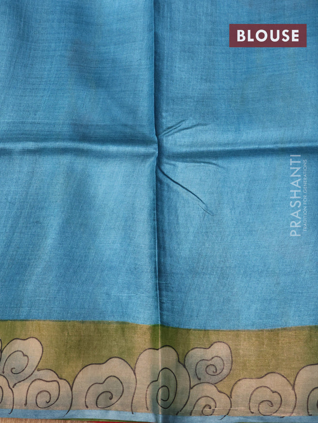 Pure tussar silk saree blue and green blue with allover pichwai hand painted prints and zari woven border