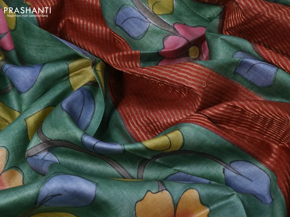 Pure tussar silk saree dark green and red shade with allover floral kalamkari hand painted prints and zari woven border