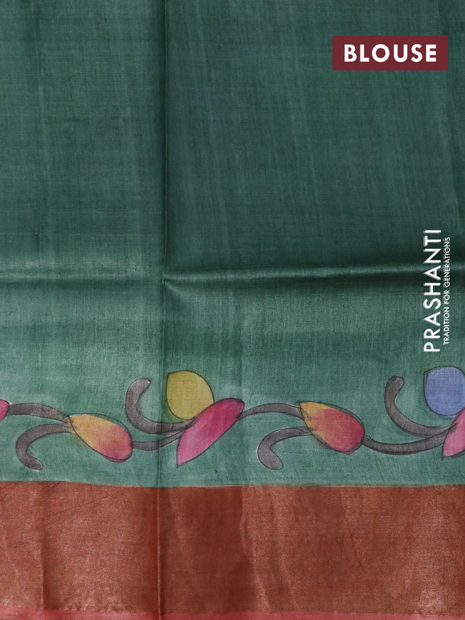 Pure tussar silk saree dark green and red shade with allover floral kalamkari hand painted prints and zari woven border