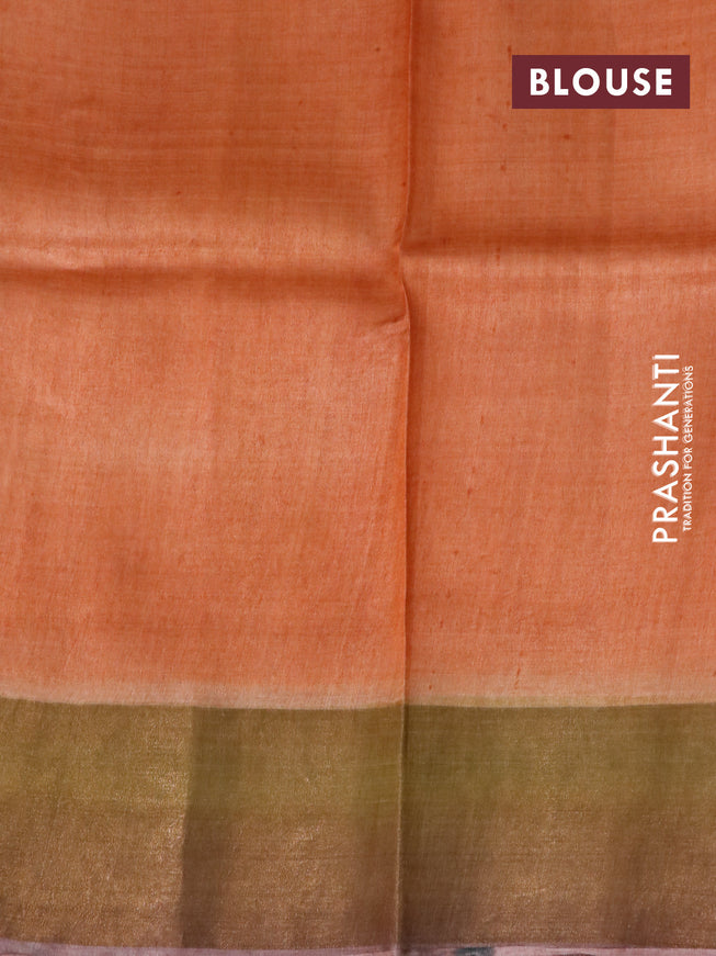 Pure tussar silk saree pastel blue and orange rosy brown with allover floral kalamkari hand painted prints and zari woven border