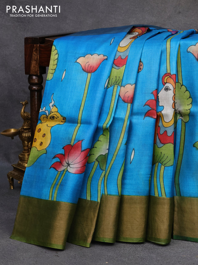 Pure tussar silk saree cs blue and green with allover pichwai hand painted prints and zari woven border