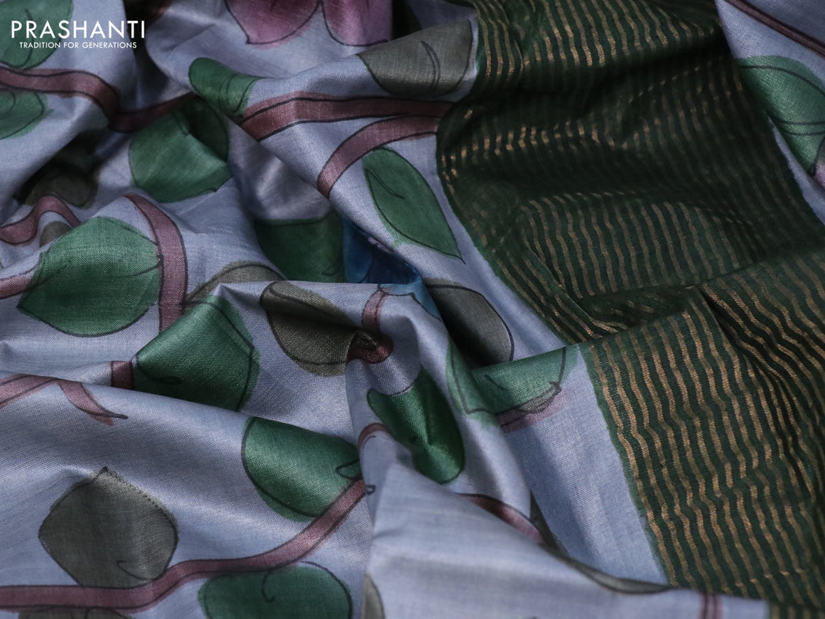Pure tussar silk saree grey and green with allover kalamkari hand painted prints and zari woven border