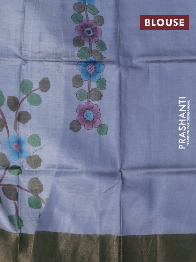 Pure tussar silk saree grey and green with allover kalamkari hand painted prints and zari woven border