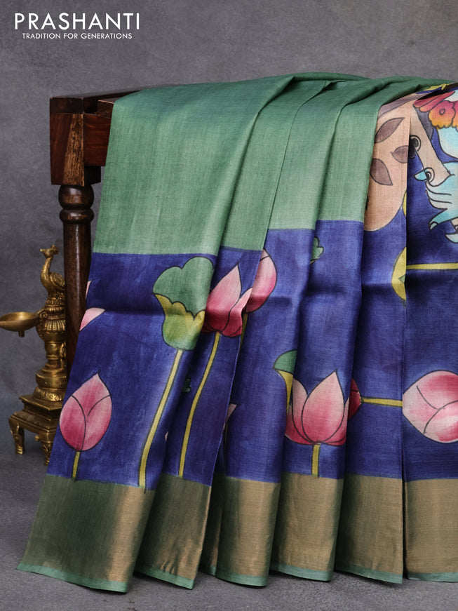 Pure tussar silk saree dark blue and pastel shade of green with pichwai hand painted prints and zari woven border