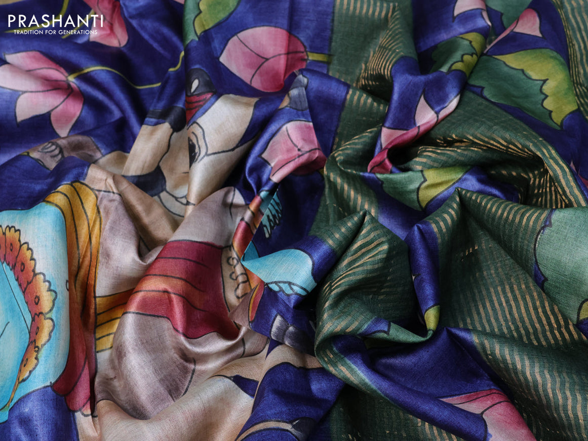 Pure tussar silk saree dark blue and pastel shade of green with pichwai hand painted prints and zari woven border