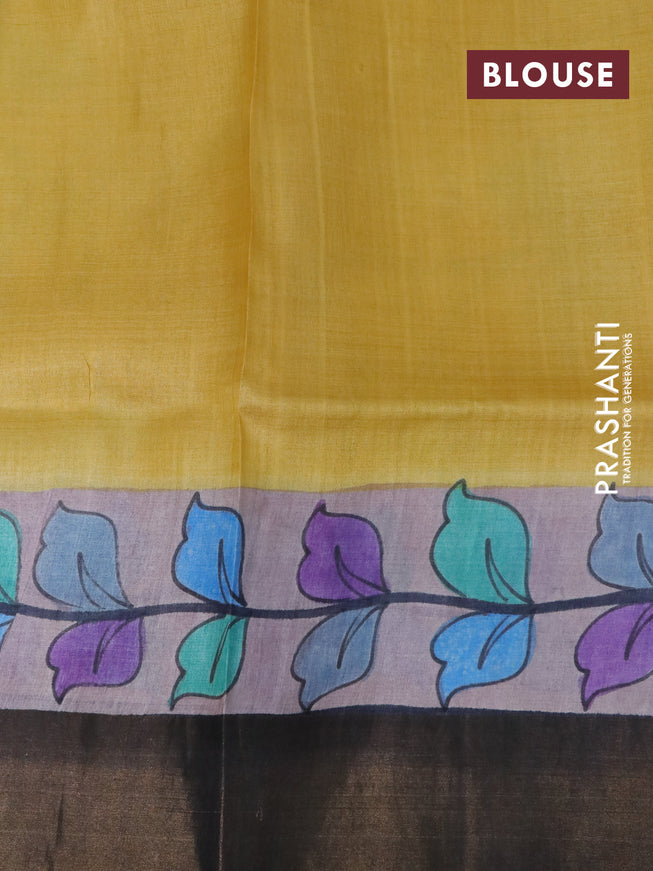 Pure tussar silk saree grey and dark grey with allover kalamkari hand painted prints and zari woven border