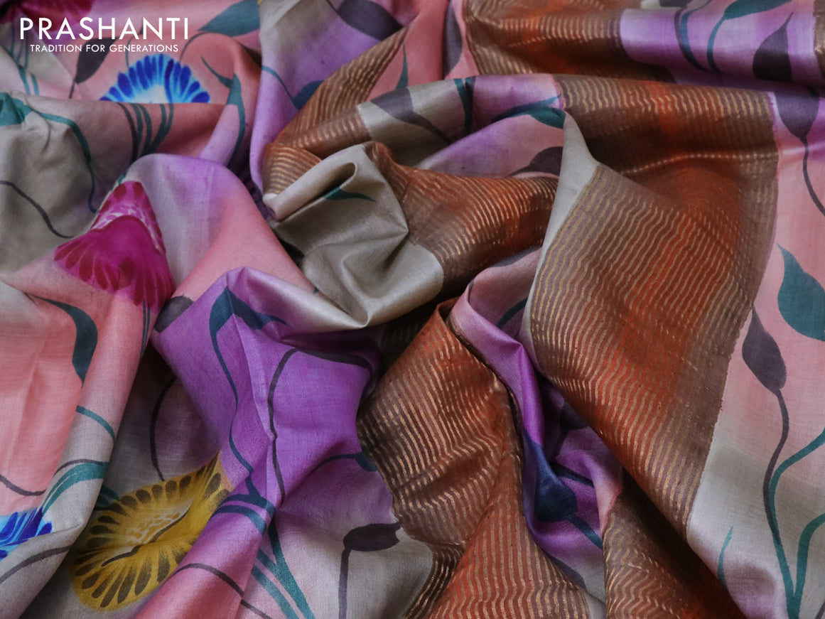 Pure tussar silk saree multi colour and orange with hand painted prints and zari woven border