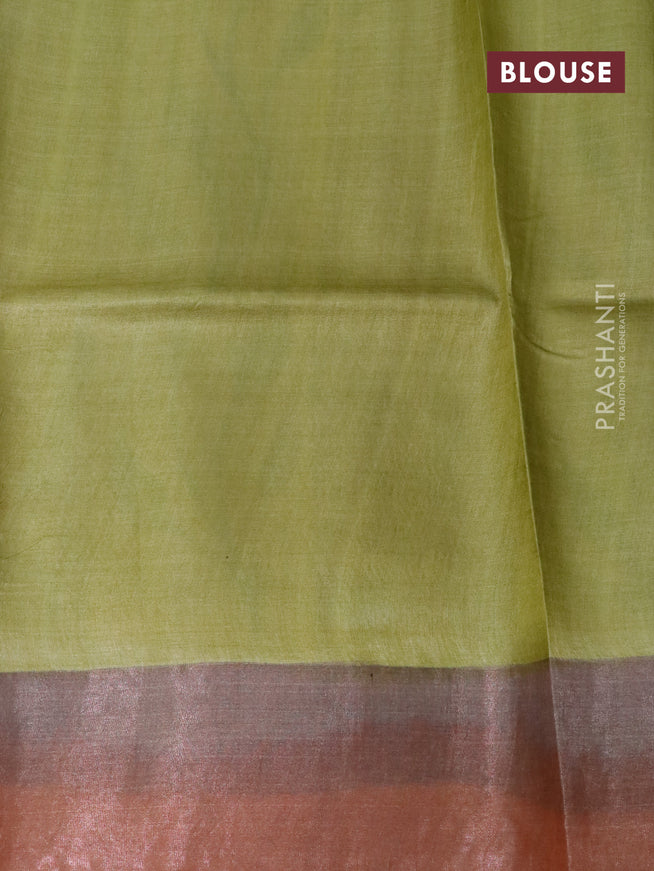 Pure tussar silk saree multi colour and orange with hand painted prints and zari woven border