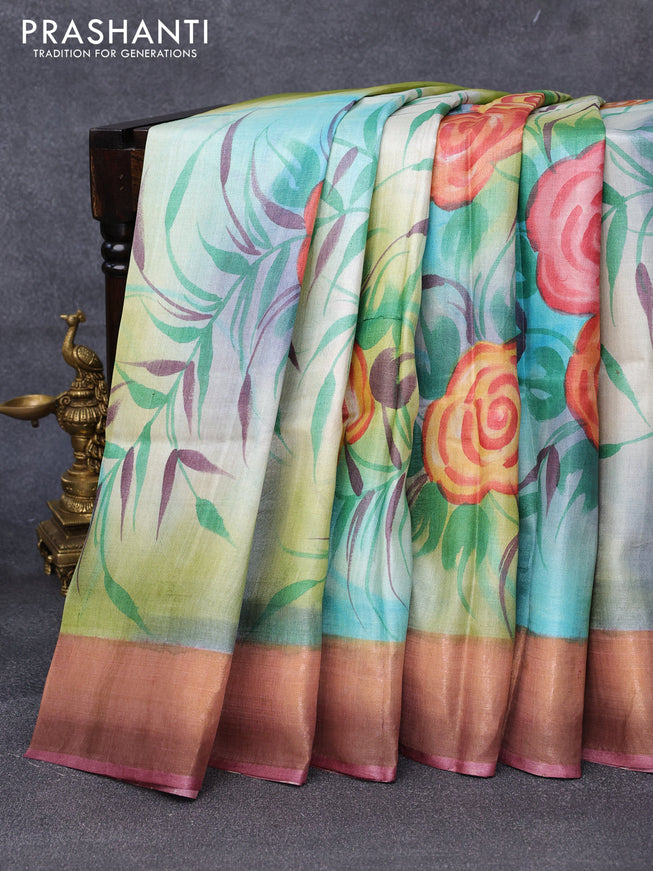 Pure tussar silk saree multi colour and light green wine shade with floral hand painted prints and zari woven border