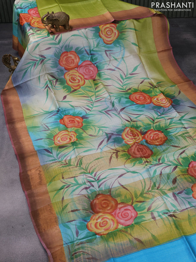 Pure tussar silk saree multi colour and light green wine shade with floral hand painted prints and zari woven border