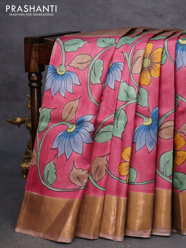 Pure tussar silk saree pink shade and pastel brown with floral hand painted prints and zari woven border