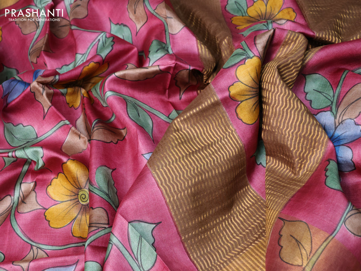 Pure tussar silk saree pink shade and pastel brown with floral hand painted prints and zari woven border
