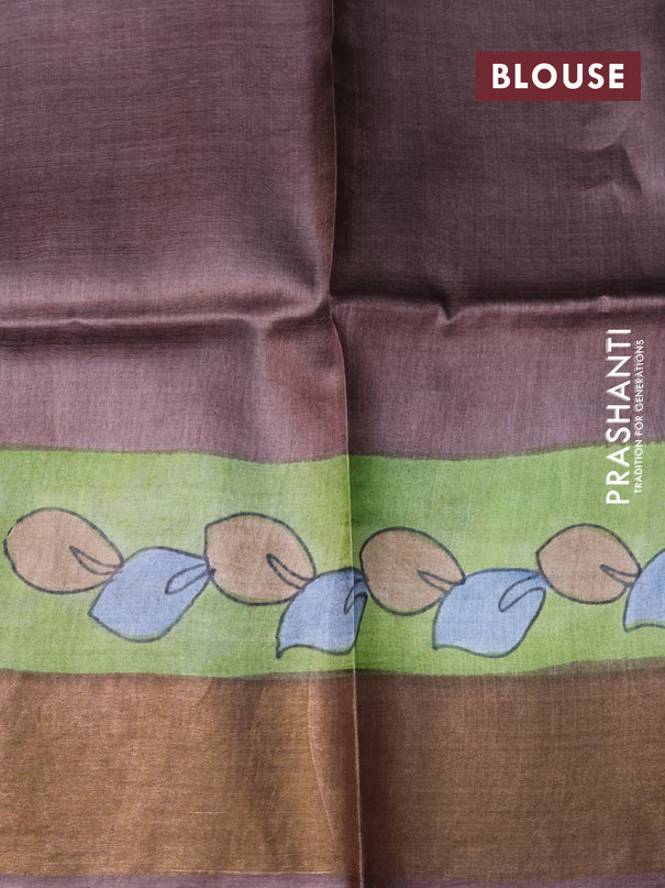 Pure tussar silk saree pastel green and rosy brown with floral hand painted prints and zari woven border