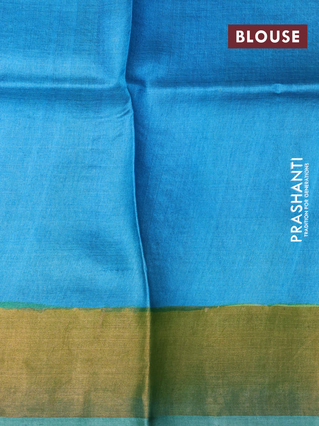 Pure tussar silk saree multi colour and teal green with hand painted prints and zari woven border