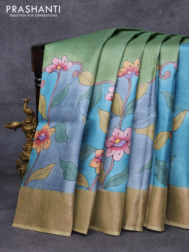 Pure tussar silk saree grey and blue pastel green with floral hand painted prints and zari woven border