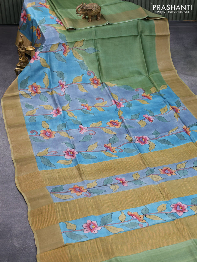 Pure tussar silk saree grey and blue pastel green with floral hand painted prints and zari woven border