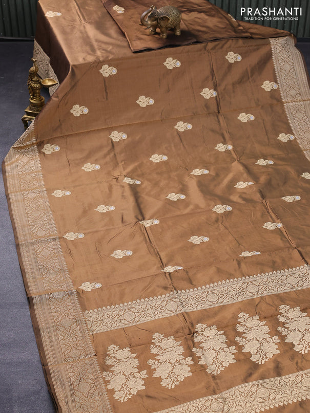Banarasi katan silk saree brown with zari woven buttas and floral zari woven border
