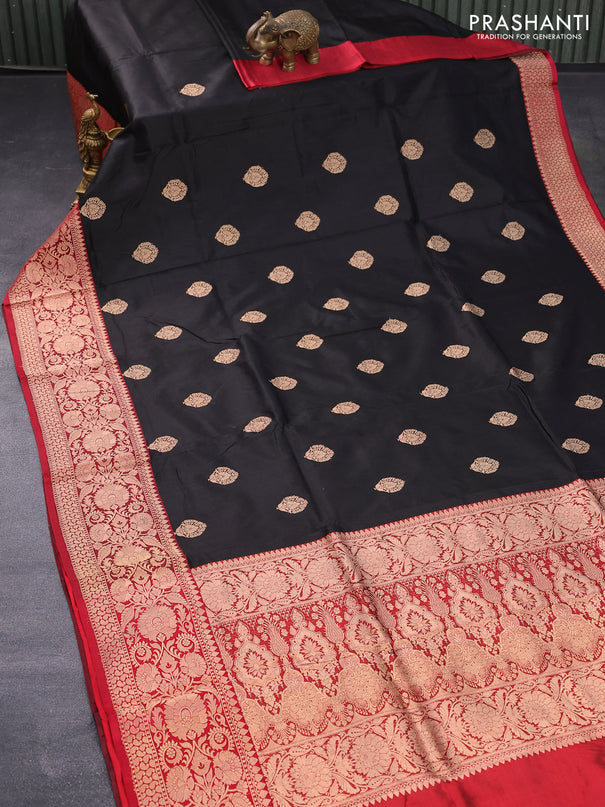 Banarasi katan silk saree black and maroon with copper zari woven buttas and copper zari woven border