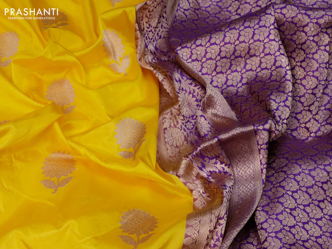 Banarasi katan silk saree mango yellow and purple with copper zari woven floral buttas and floral zari woven border