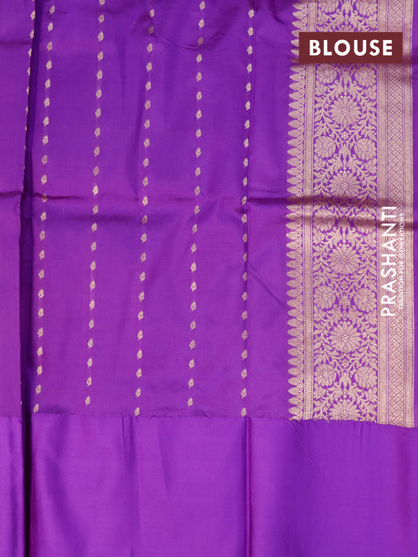 Banarasi katan silk saree peach pink and purple with copper zari woven floral buttas and floral zari woven border