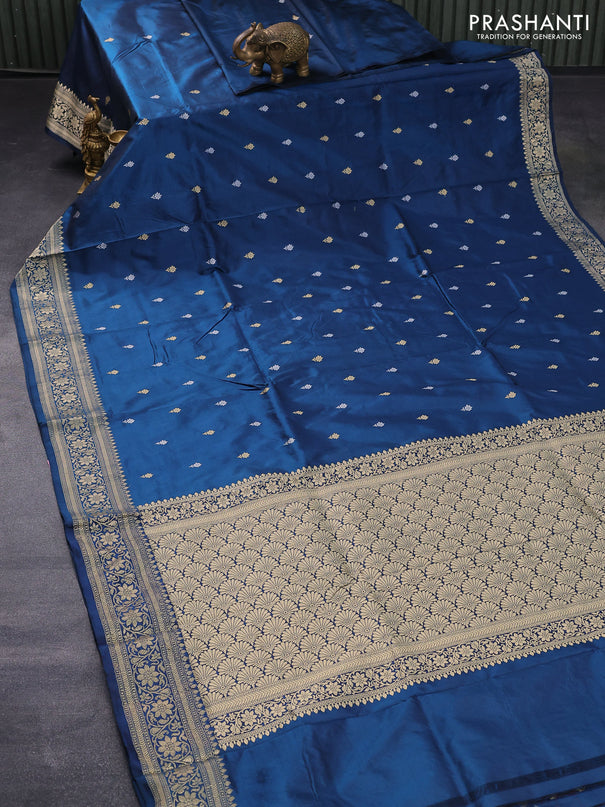 Banarasi katan silk saree peacock blue with zari woven buttas and floral zari woven border