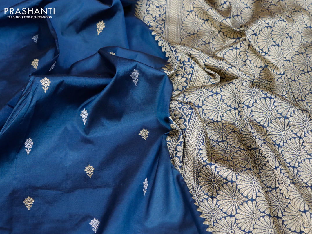 Banarasi katan silk saree peacock blue with zari woven buttas and floral zari woven border