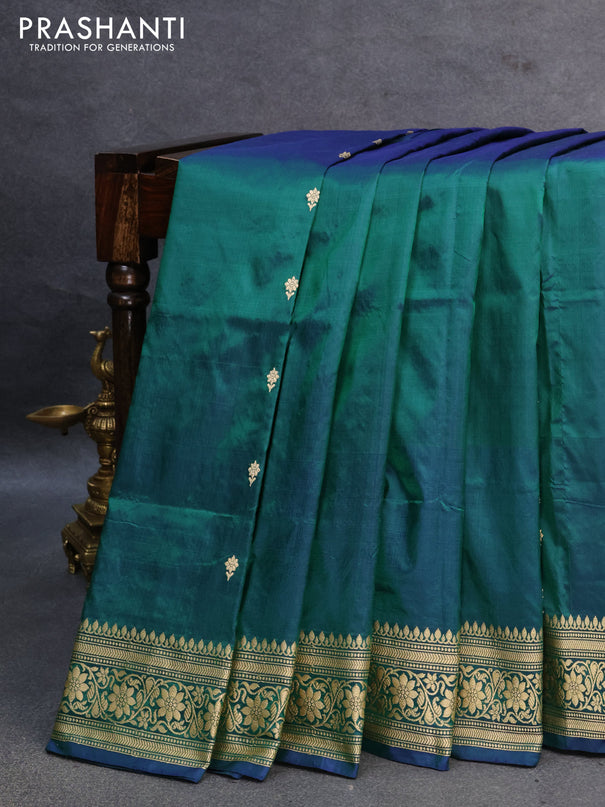 Banarasi katan silk saree dual shade of green and dual shade of blue with zari woven buttas and floral zari woven border