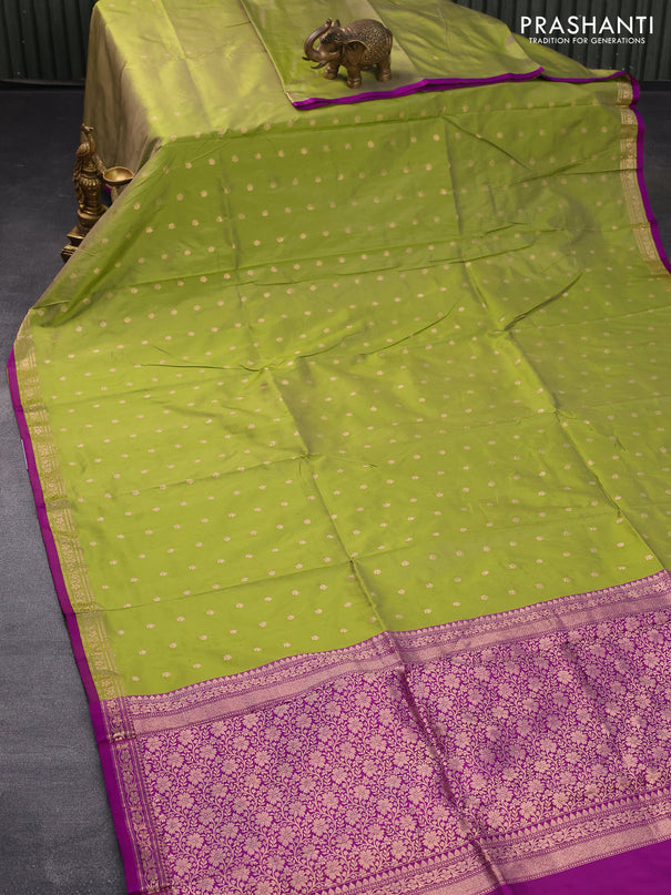 Banarasi katan silk saree mehendi green and purple with zari woven buttas and floral zari woven border