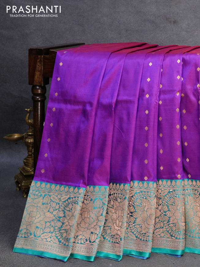 Banarasi katan silk saree violet and teal green with allover zari woven buttas and floral zari woven border