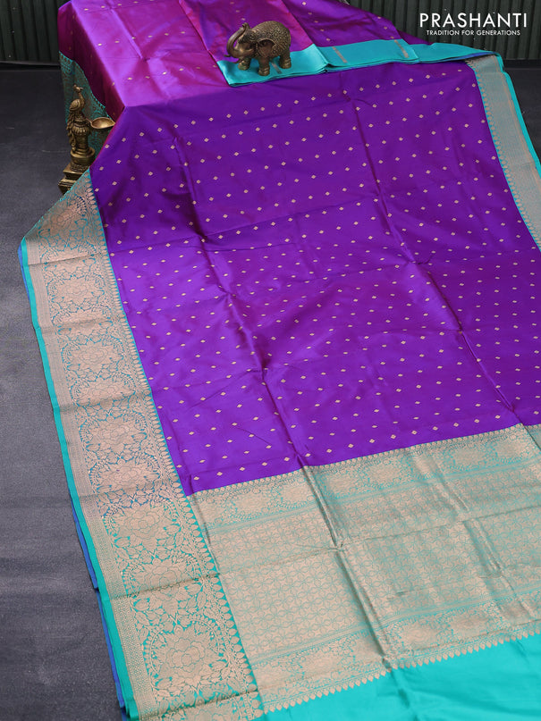 Banarasi katan silk saree violet and teal green with allover zari woven buttas and floral zari woven border