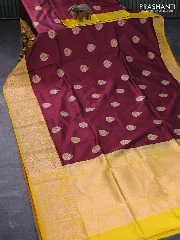 Banarasi katan silk saree deep maroon and yellow with zari woven buttas and floral zari woven border