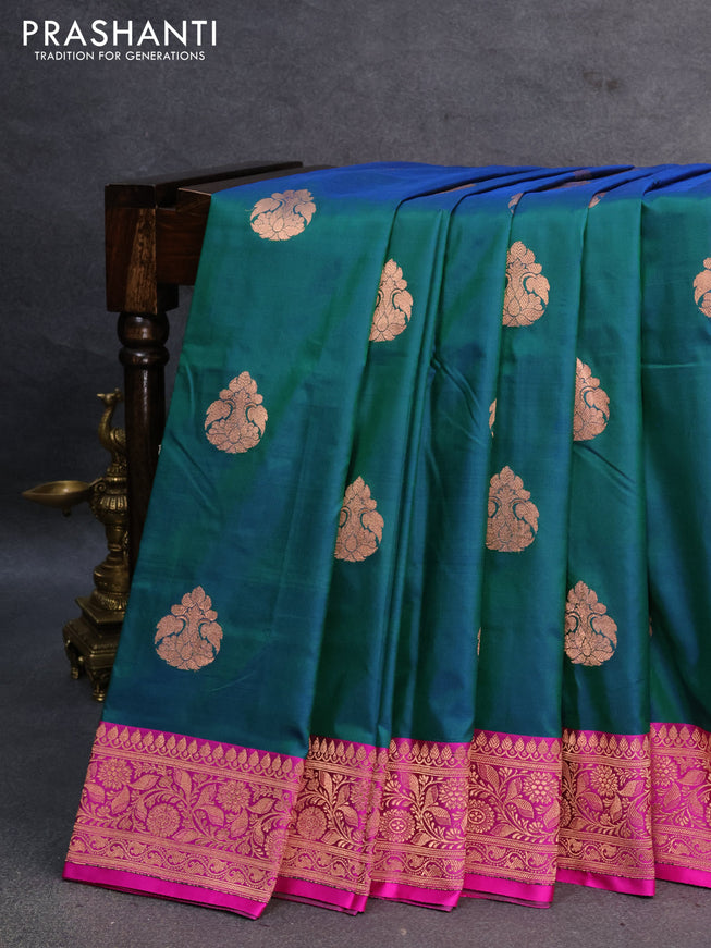 Banarasi katan silk saree peacock green and pink with copper zari woven buttas and copper zari woven floral border