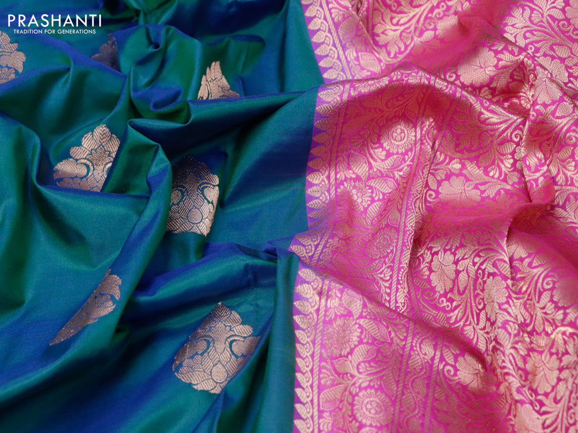 Banarasi katan silk saree peacock green and pink with copper zari woven buttas and copper zari woven floral border