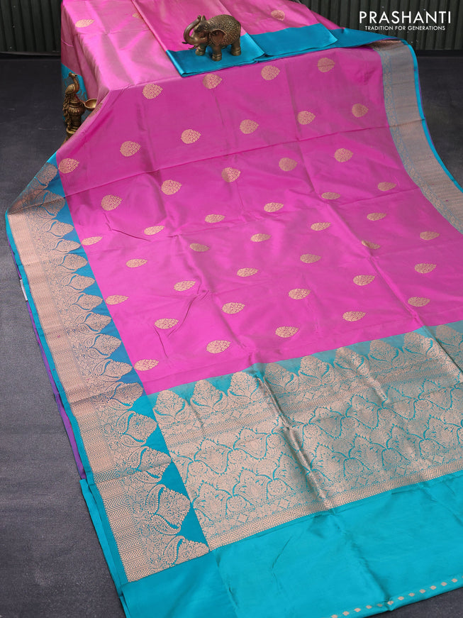 Banarasi katan silk saree pink and teal blue with zari woven buttas and rich zari woven border
