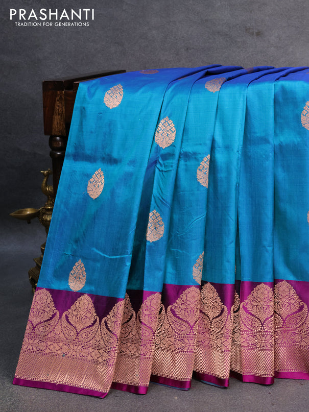 Banarasi katan silk saree dual shade of blue and purple with zari woven buttas and rich zari woven border