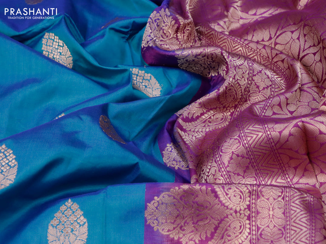 Banarasi katan silk saree dual shade of blue and purple with zari woven buttas and rich zari woven border