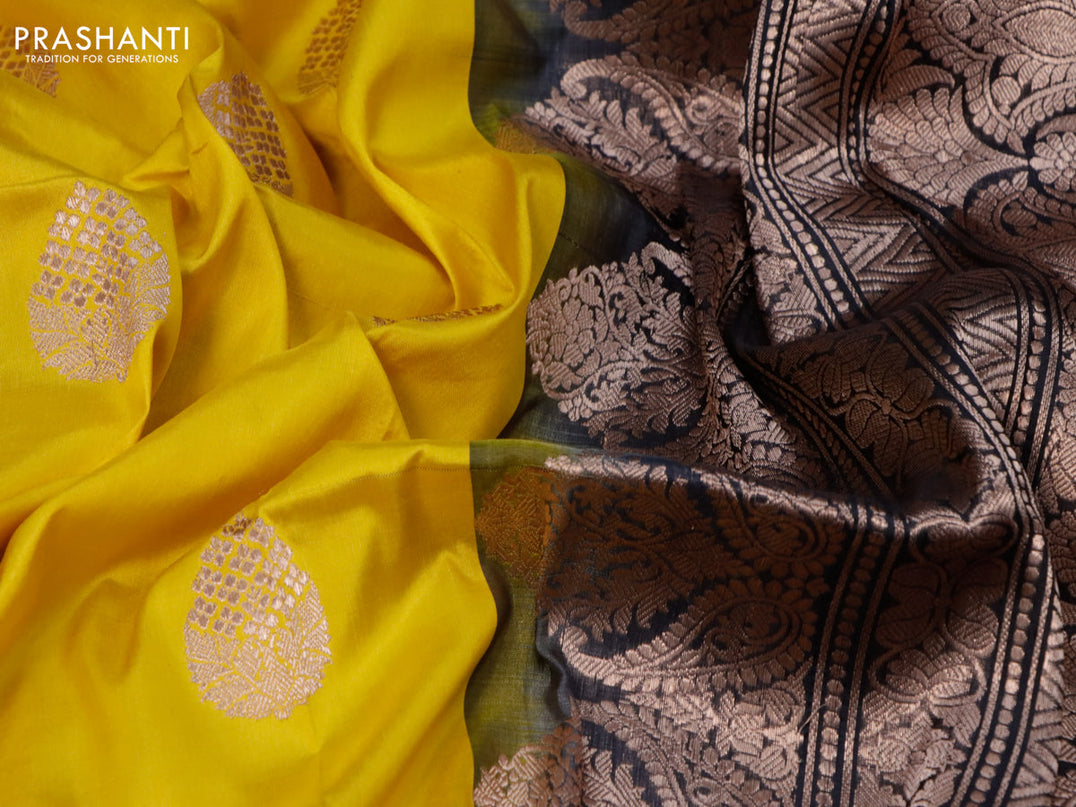 Banarasi katan silk saree mango yellow and black with zari woven buttas and rich zari woven border