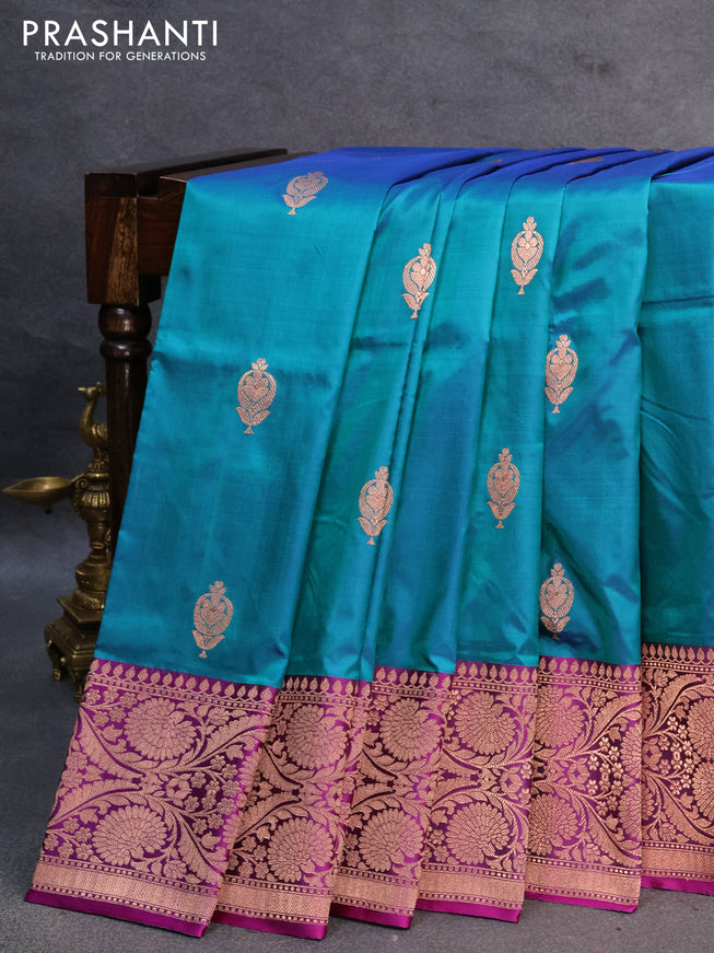 Banarasi katan silk saree dual shade of peacock green and purple with copper zari woven buttas and copper zari woven floral border