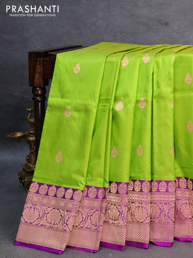 Banarasi katan silk saree light green and purple with copper zari woven buttas and zari woven border