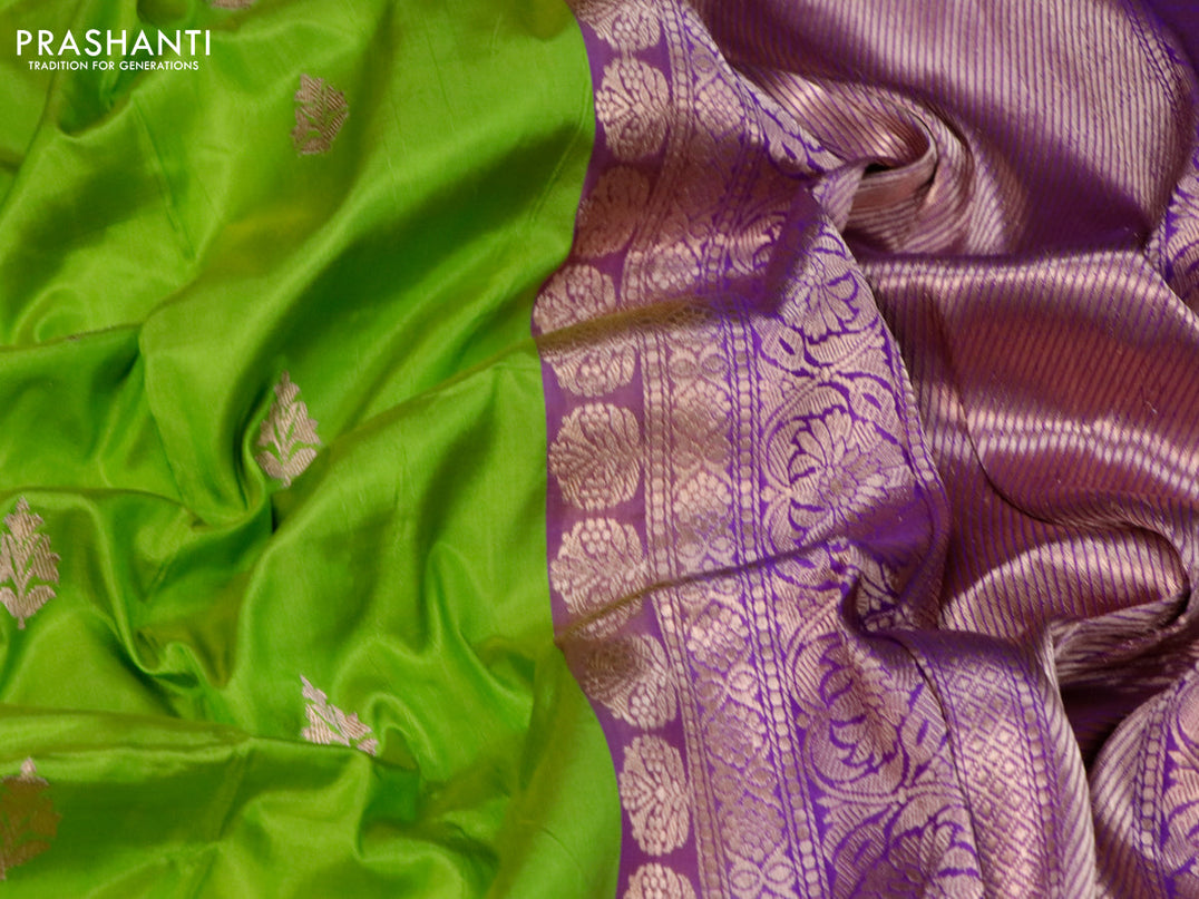 Banarasi katan silk saree light green and purple with copper zari woven buttas and zari woven border