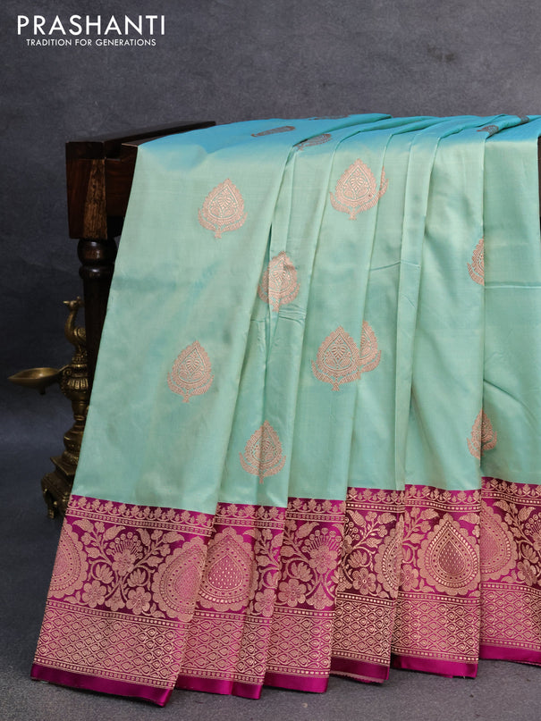 Banarasi katan silk saree teal blue and purple with copper zari woven buttas and zari woven border