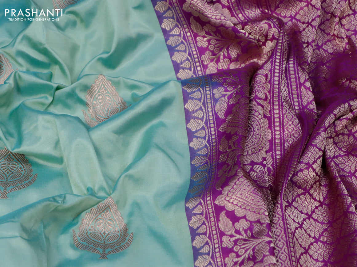 Banarasi katan silk saree teal blue and purple with copper zari woven buttas and zari woven border